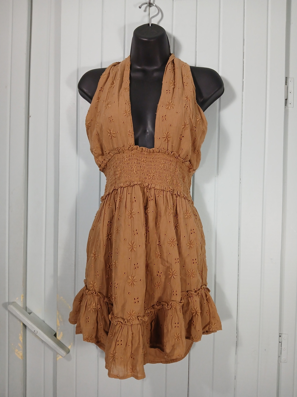 Aerie Brown Eyelet Halter Mini Dress